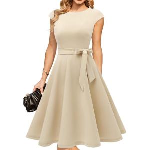 DRESSTELLS Women’s Cocktail Dresses, Formal Wedding Guest Modest Church Vintage Tea Party Midi Evening Dress(Champagne)