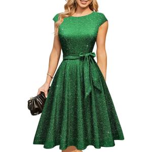 DRESSTELLS Women’s Cocktail Dresses, Formal Wedding Guest Modest Church Vintage Tea Party Midi Evening Dress(Glitter_green)