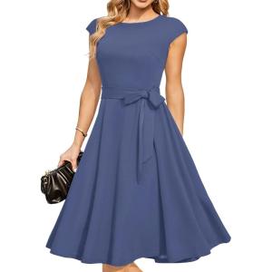 DRESSTELLS Women’s Cocktail Dresses, Formal Wedding Guest Modest Church Vintage Tea Party Midi Evening Dress(Greyblue)