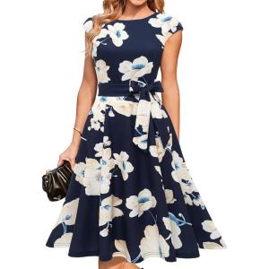 DRESSTELLS Women’s Cocktail Dresses, Formal Wedding Guest Modest Church Vintage Tea Party Midi Evening Dress(Navy Yellow White Flower)