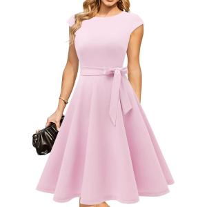 DRESSTELLS Women’s Cocktail Dresses, Formal Wedding Guest Modest Church Vintage Tea Party Midi Evening Dress(Pink)