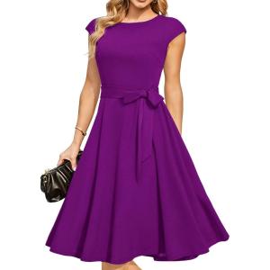 DRESSTELLS Women’s Cocktail Dresses, Formal Wedding Guest Modest Church Vintage Tea Party Midi Evening Dress(Purple)
