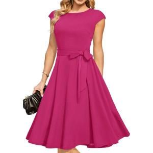 DRESSTELLS Women’s Cocktail Dresses, Formal Wedding Guest Modest Church Vintage Tea Party Midi Evening Dress(Rose)