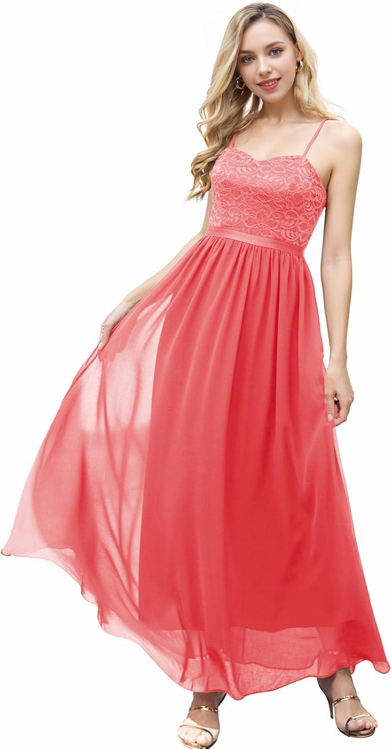 imageDRESSTELLS Women s Formal Wedding Guest Dress 2026 Lace amp Chiffon amp Fully Lined Spaghetti Straps Prom DressesCoral