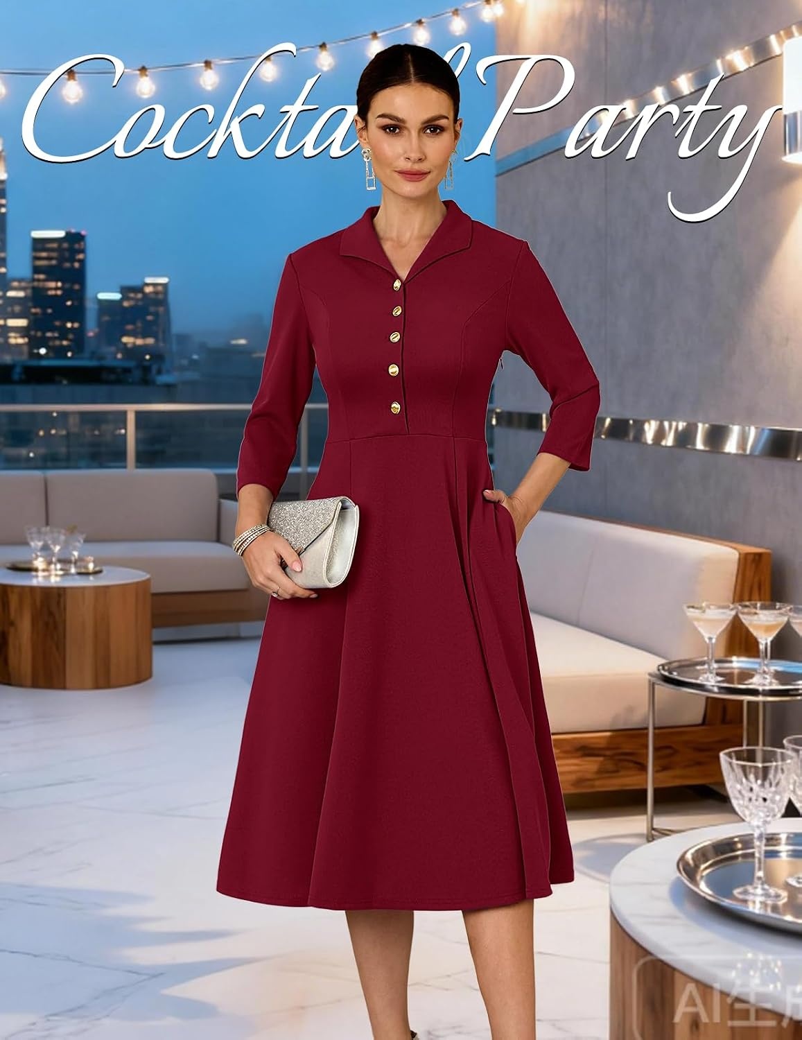 image:imageDRESSTELLS Womens Cocktail Dress Fall Wedding Guest Vintage 34 SleevesDarkred