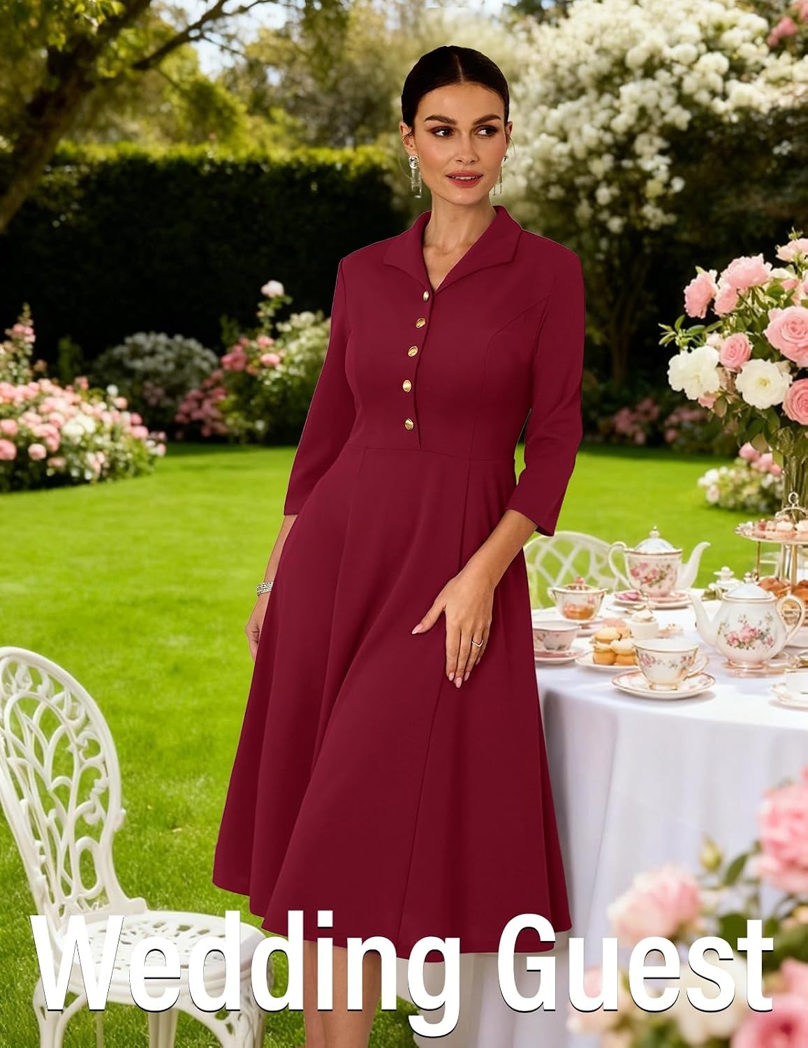 image:imageDRESSTELLS Womens Cocktail Dress Fall Wedding Guest Vintage 34 SleevesDarkred