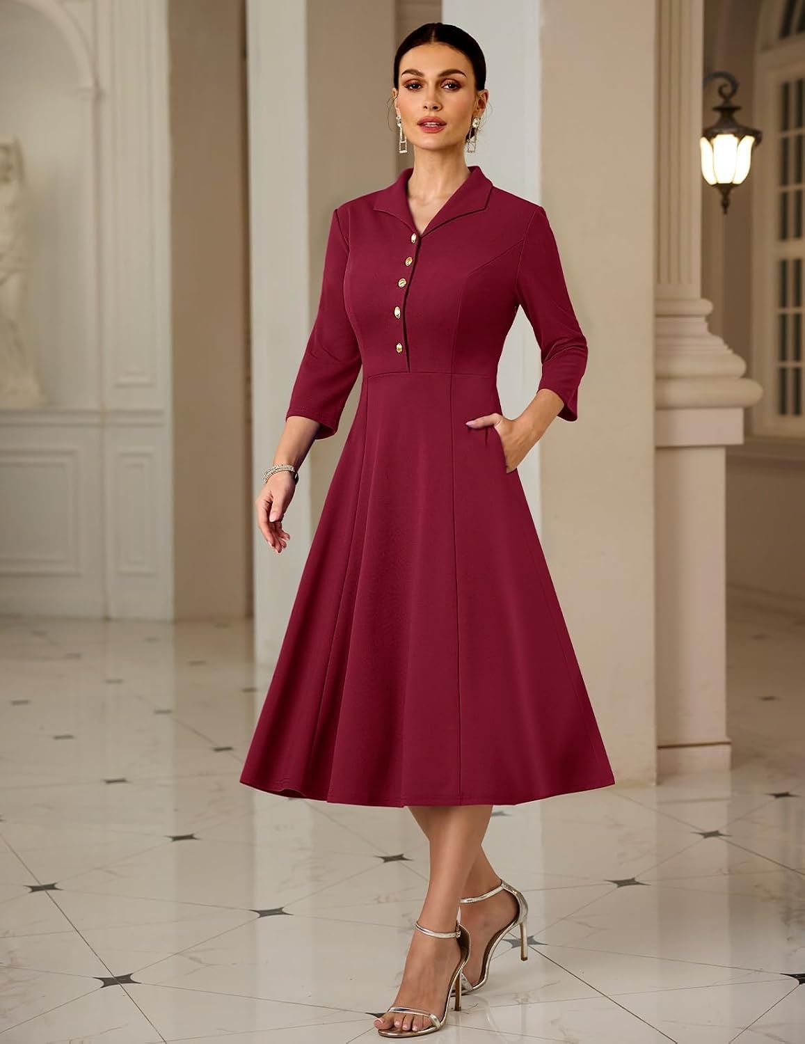 image:imageDRESSTELLS Womens Cocktail Dress Fall Wedding Guest Vintage 34 SleevesDarkred