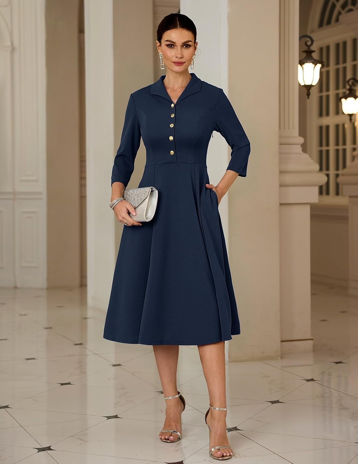 image:imageDRESSTELLS Womens Cocktail Dress Fall Wedding Guest Vintage 34 SleevesNavy