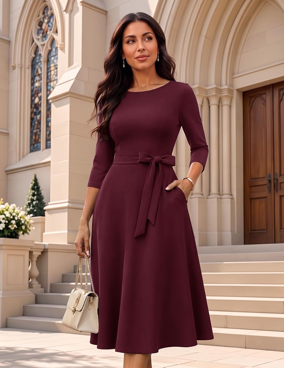 image:imageDRESSTELLS Womens Cocktail Dresses Fall Wedding Guest Church DressBurgundy