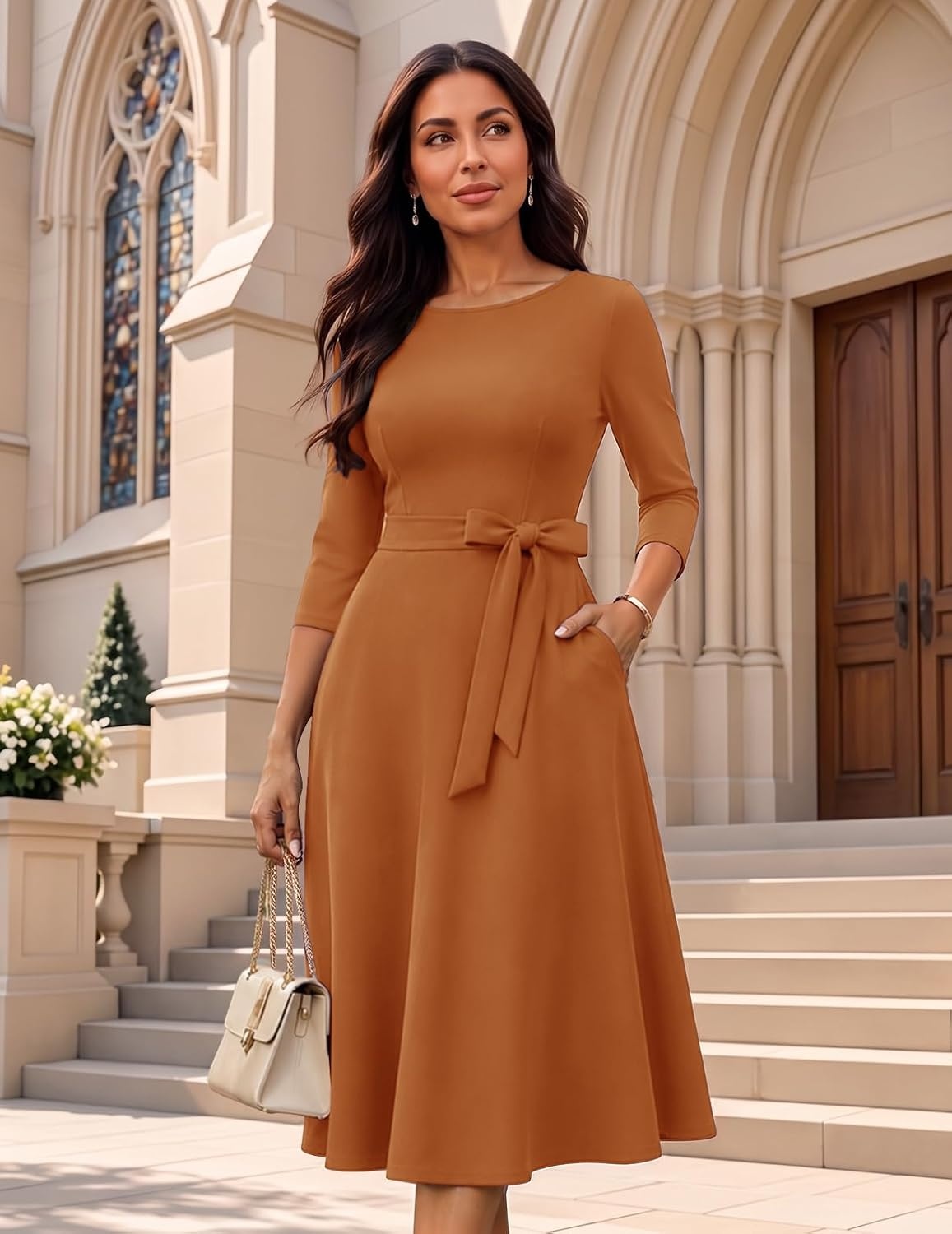 image:imageDRESSTELLS Womens Cocktail Dresses Fall Wedding Guest Church DressCaramel