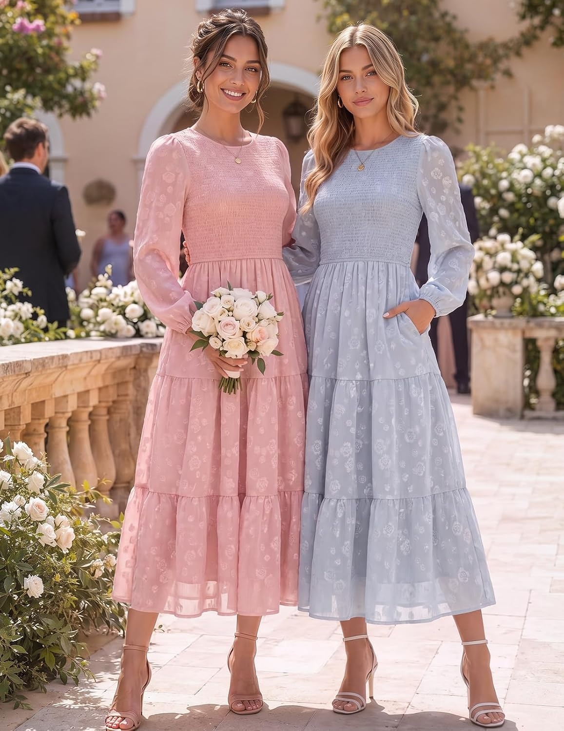 image:imageDRESSTELLS Womens Fall Wedding Guest Dress Floral Long Sleeve Midi DressGreyblue