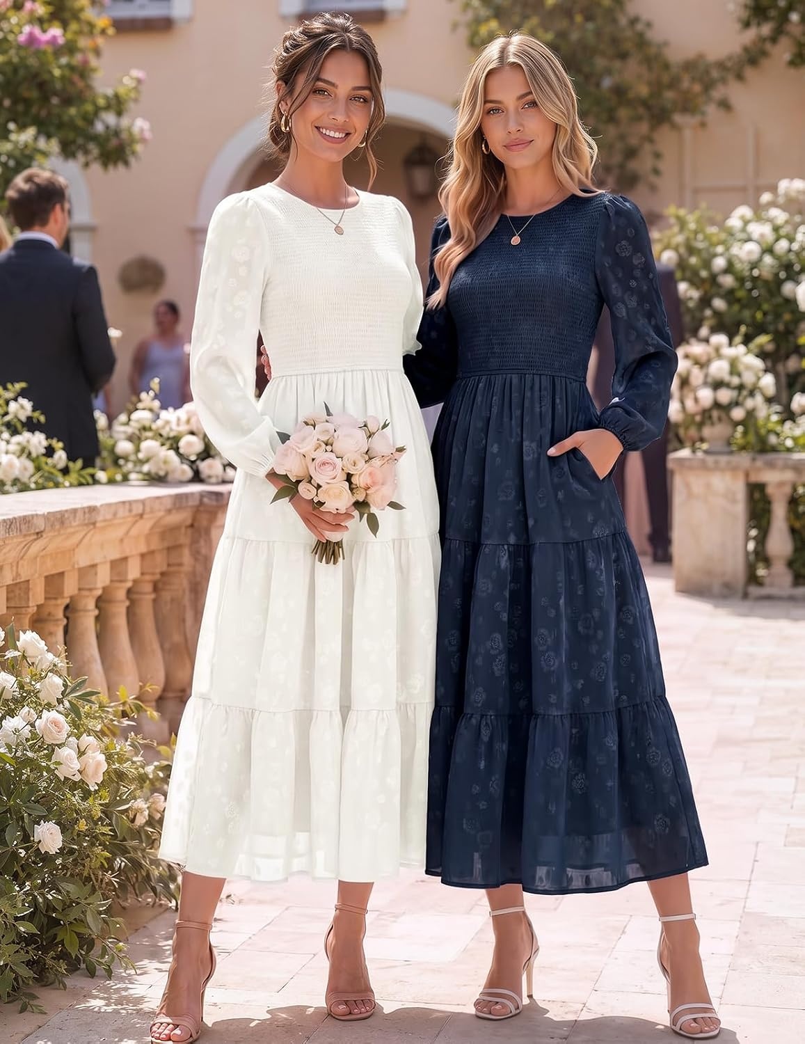 image:imageDRESSTELLS Womens Fall Wedding Guest Dress Floral Long Sleeve Midi DressNavy