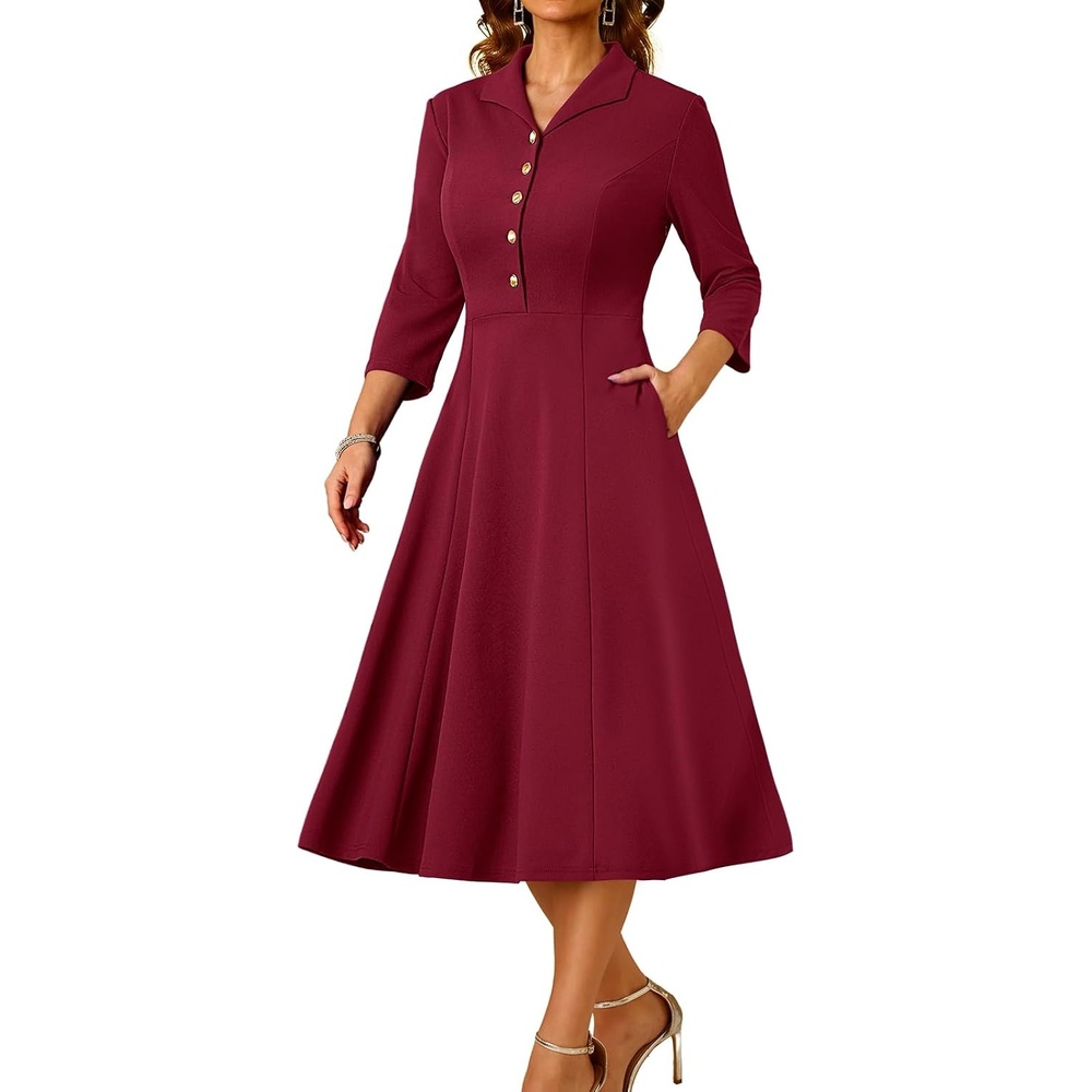 image:imageDRESSTELLS Womens Cocktail Dress Fall Wedding Guest Vintage 34 SleevesDarkred