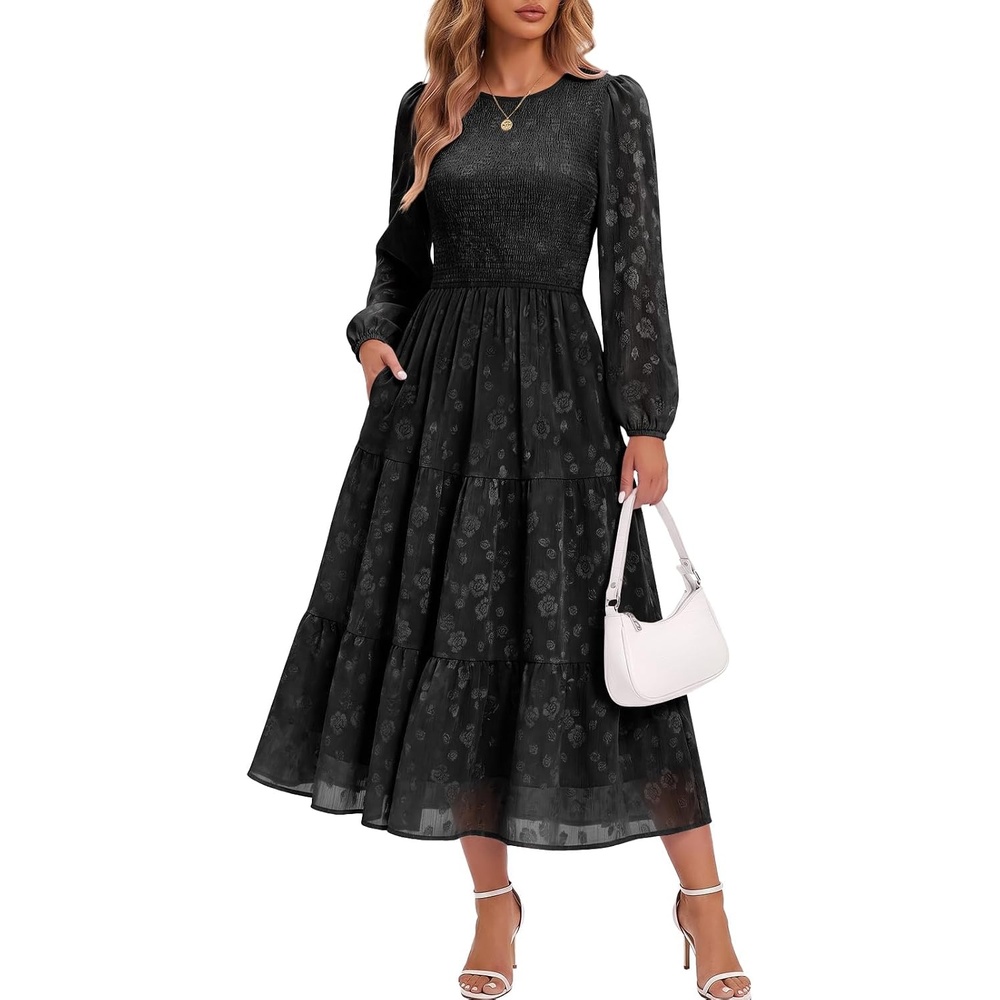 image:imageDRESSTELLS Womens Fall Wedding Guest Dress Floral Long Sleeve Midi DressBlack