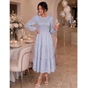DRESSTELLS Women’s Fall Wedding Guest Dress, Floral Long Sleeve Midi Dress(Greyblue)