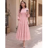 DRESSTELLS Women’s Fall Wedding Guest Dress, Floral Long Sleeve Midi Dress(Pink)