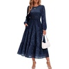 DRESSTELLS Women’s Fall Wedding Guest Dress, Floral Long Sleeve Midi Dress(Navy)