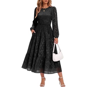 DRESSTELLS Women’s Fall Wedding Guest Dress, Floral Long Sleeve Midi Dress(Black)