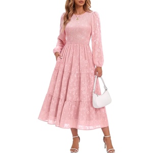 DRESSTELLS Women’s Fall Wedding Guest Dress, Floral Long Sleeve Midi Dress(Pink)