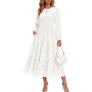 DRESSTELLS Women’s Fall Wedding Guest Dress, Floral Long Sleeve Midi Dress(White)
