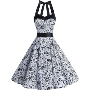 DRESSTELLS Women’s Vintage 1950s Cocktail Dress, Retro Tea Party Halter Swing Dresses(White Skull)