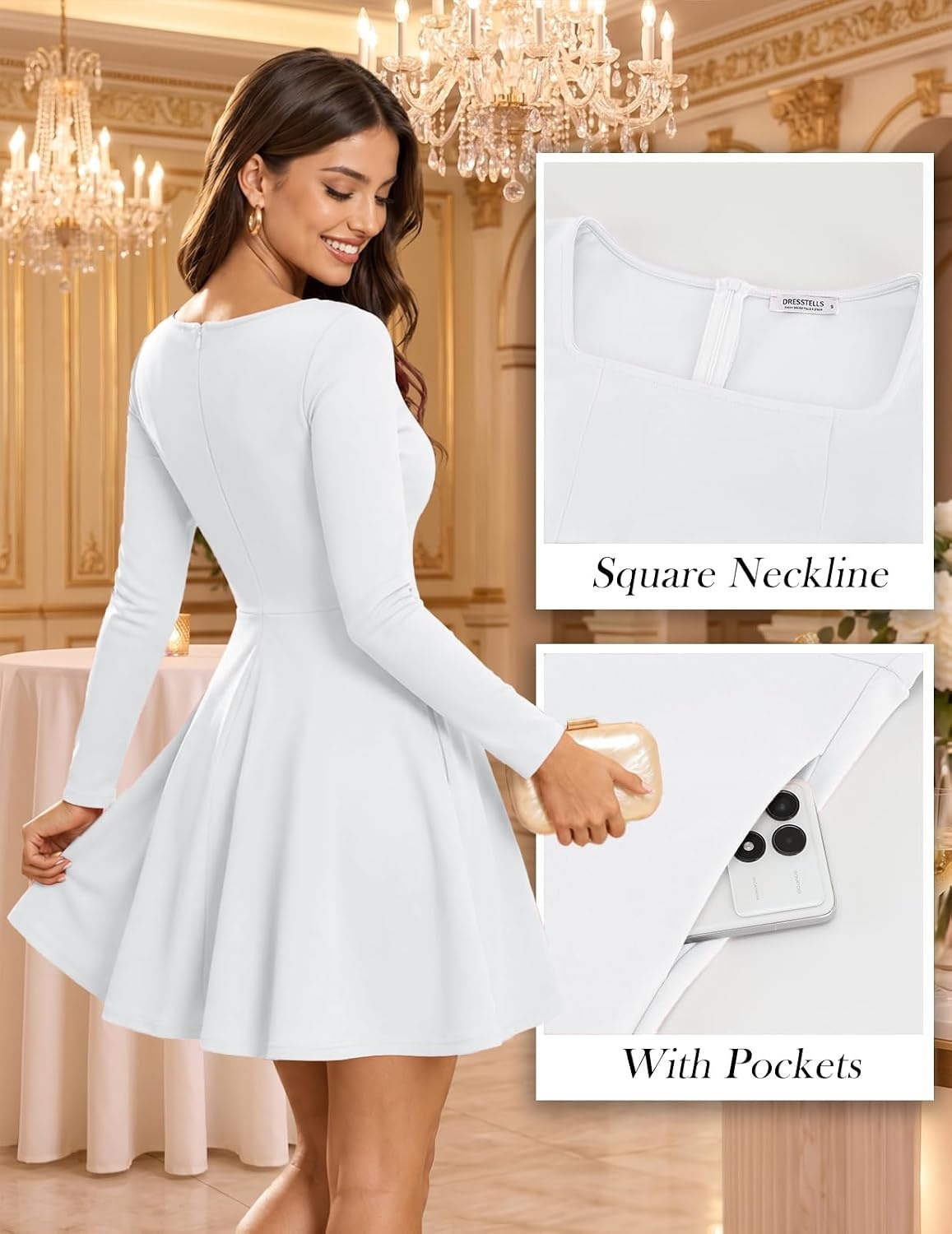 image:imageDRESSTELLS Long Sleeve Cocktail Dresses for Women ALine Mini Short DressWhite