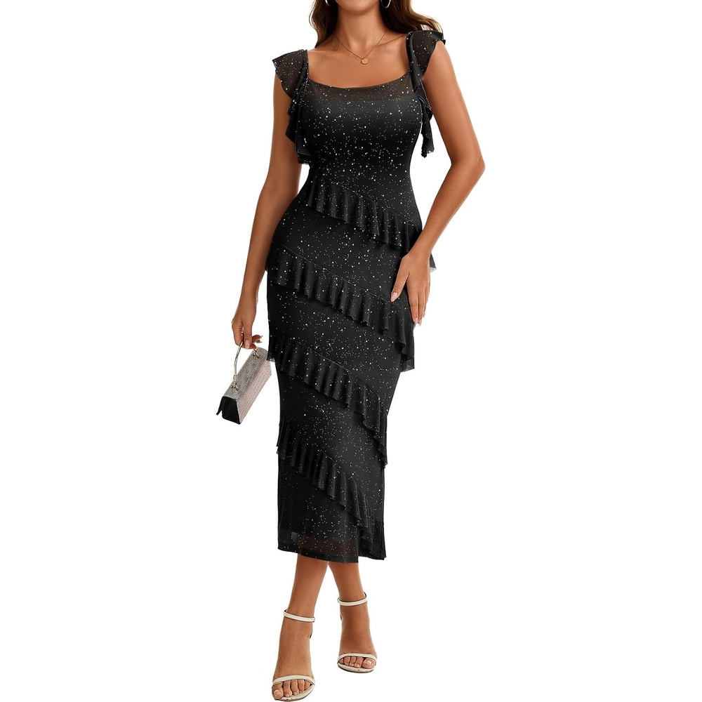image:imageDRESSTELLS Womens Formal Wedding Guest Dresses Long Sequin Cocktail DressBlack