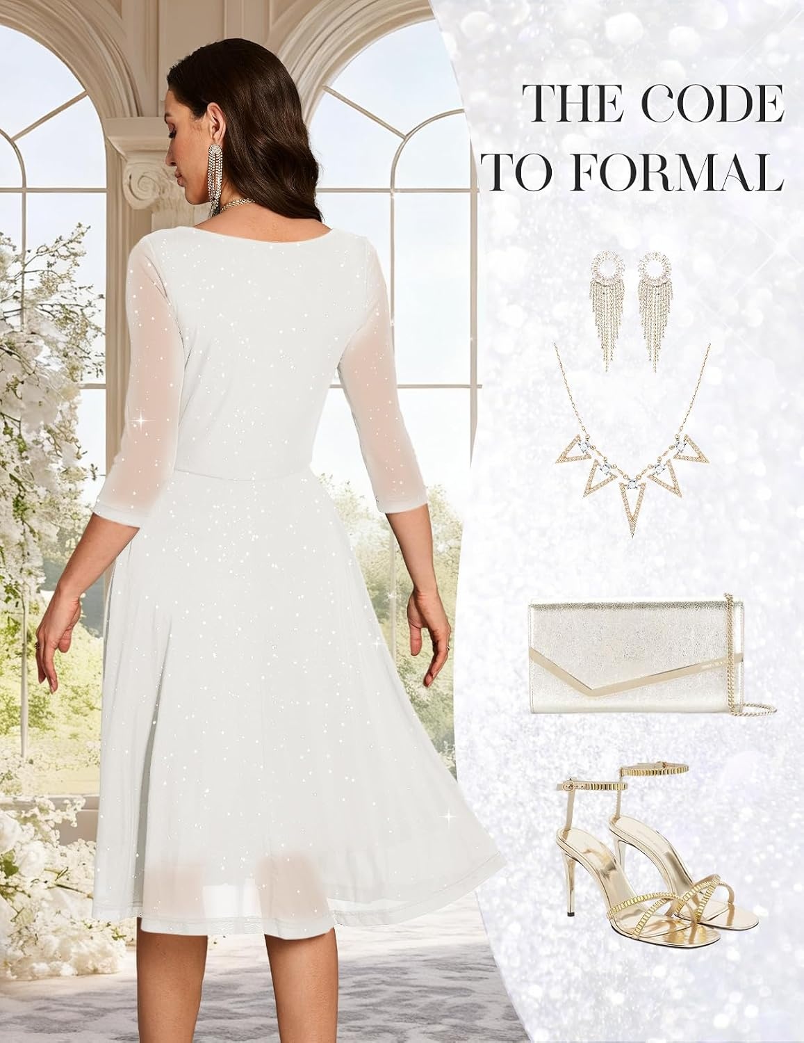 image:imageDRESSTELLS Womens Formal Wedding Guest Sequin Cocktail Party Midi Knee Length Aline Petite Sparkly Fancy Mesh Mother Bride Evening Dress 2026 White S