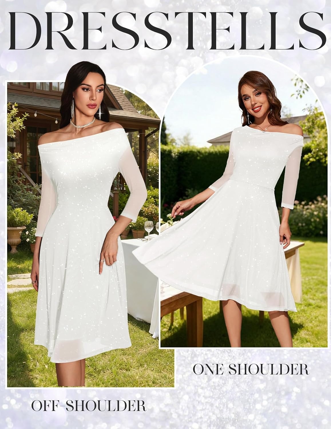 image:imageDRESSTELLS Womens Formal Wedding Guest Sequin Cocktail Party Midi Knee Length Aline Petite Sparkly Fancy Mesh Mother Bride Evening Dress 2026 White S