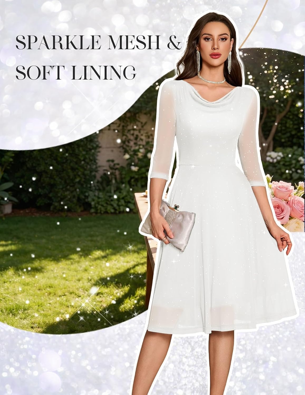 image:imageDRESSTELLS Womens Formal Wedding Guest Sequin Cocktail Party Midi Knee Length Aline Petite Sparkly Fancy Mesh Mother Bride Evening Dress 2026 White S
