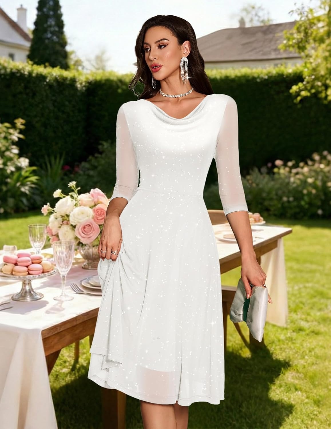 image:imageDRESSTELLS Womens Formal Wedding Guest Sequin Cocktail Party Midi Knee Length Aline Petite Sparkly Fancy Mesh Mother Bride Evening Dress 2026 White S
