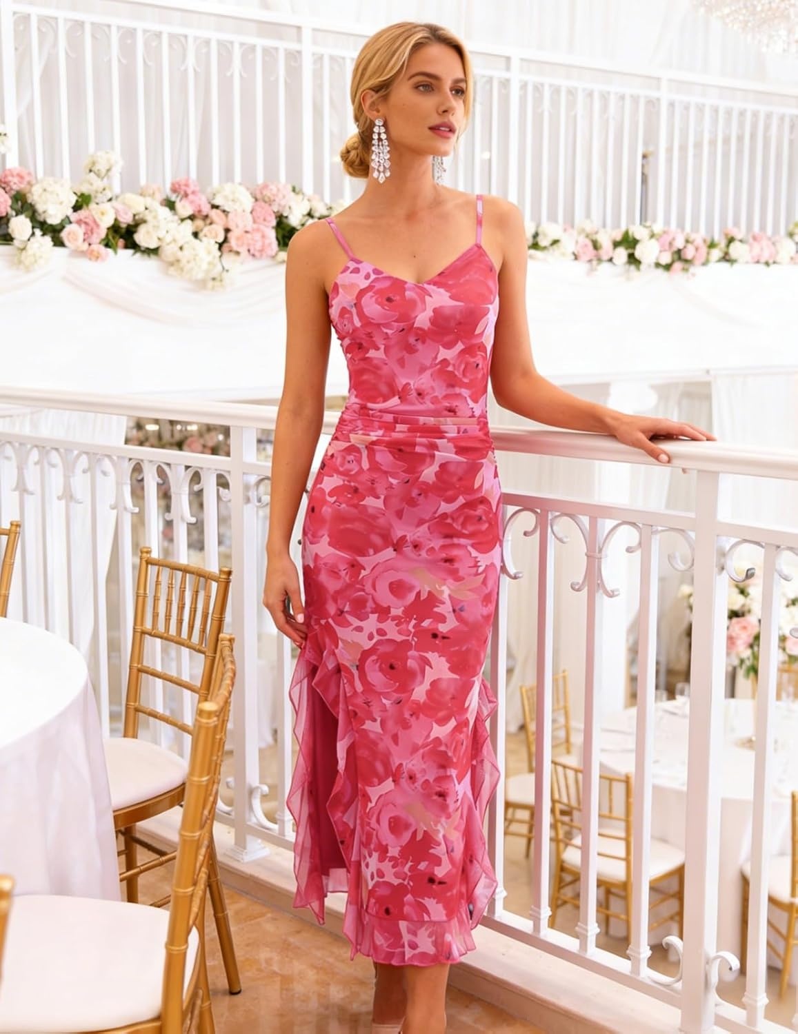 image:imageDRESSTELLS Womens Formal Wedding Guest Summer Floral Maxi Mesh Long Spaghetti Strap Cocktail Garden Party Dresses White Pink Flower XL