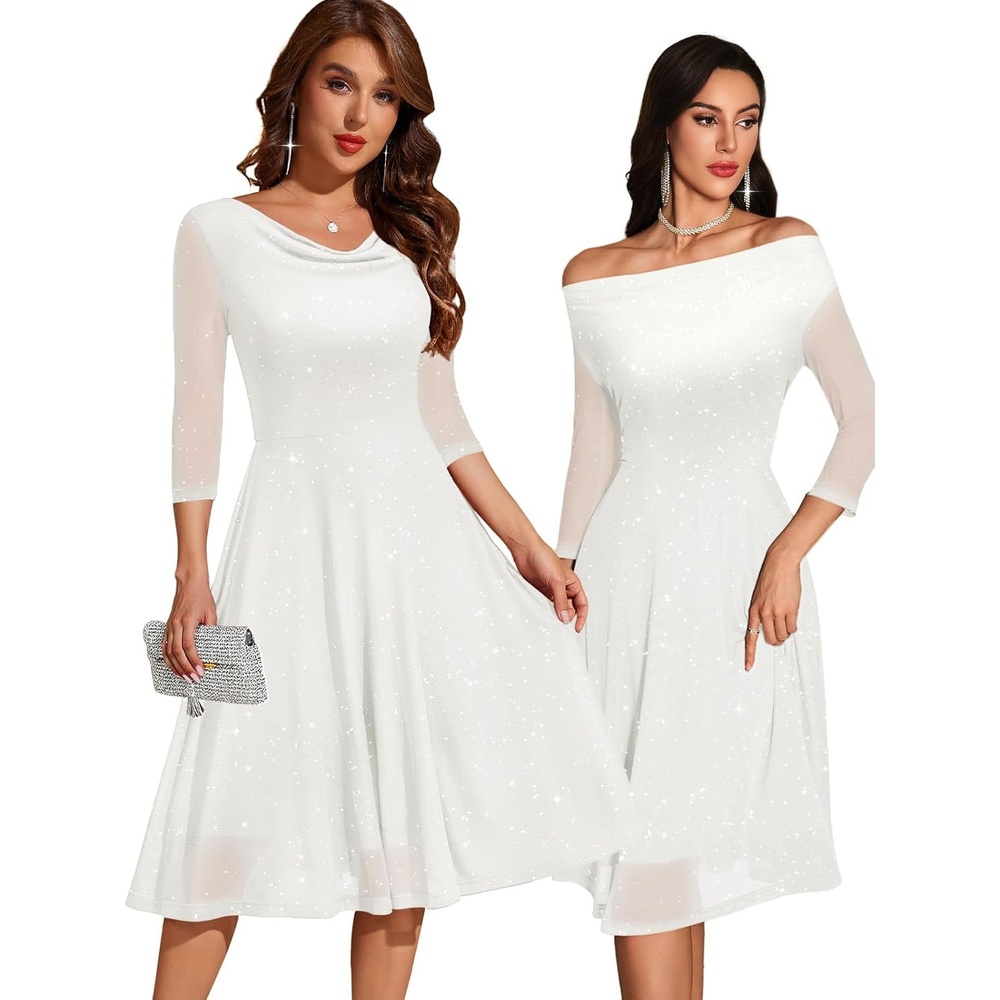 image:imageDRESSTELLS Womens Formal Wedding Guest Sequin Cocktail Party Midi Knee Length Aline Petite Sparkly Fancy Mesh Mother Bride Evening Dress 2026 White S