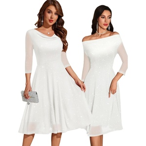 DRESSTELLS Women’s Formal Wedding Guest Sequin Cocktail Party Midi Knee Length Aline Petite Sparkly Fancy Mesh Mother Bride Evening Dress 2026 White S