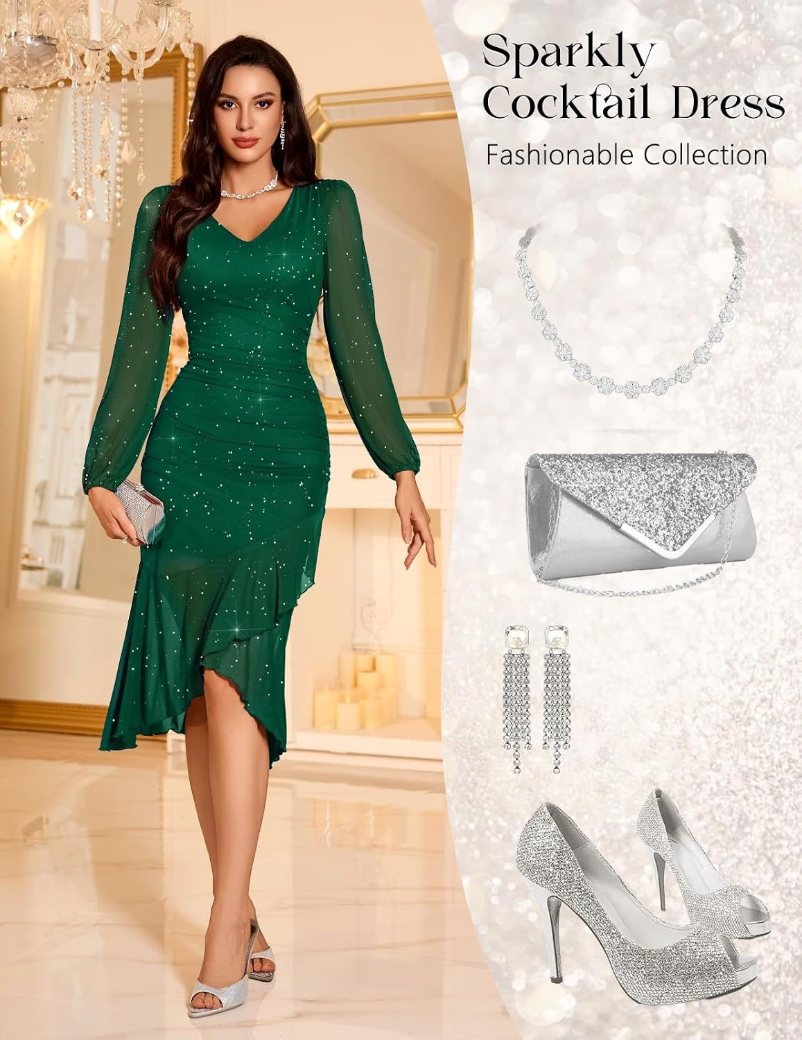 image:imageDRESSTELLS Cocktail Dresses for Women Formal Wedding Guest Sparkly EveningDark Green