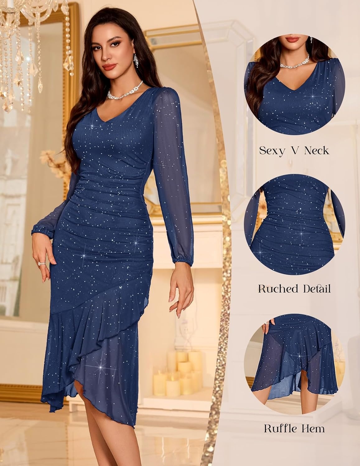 image:imageDRESSTELLS Cocktail Dresses for Women Formal Wedding Guest Sparkly EveningNavy