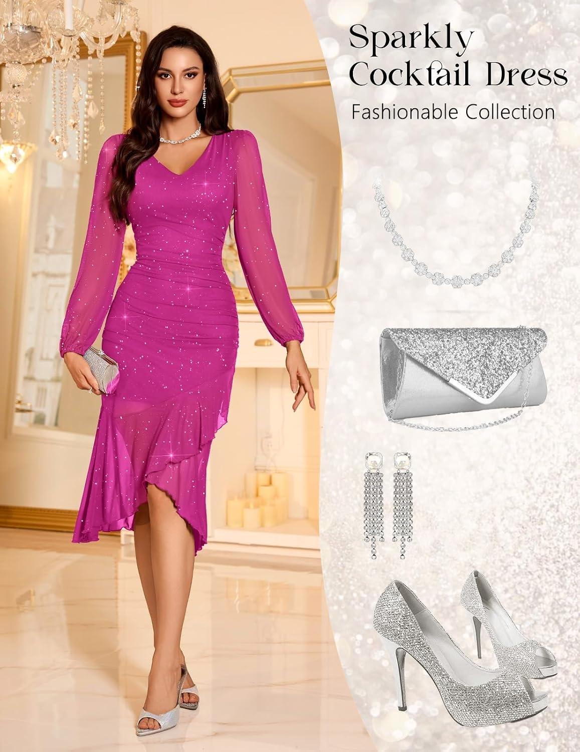 image:imageDRESSTELLS Cocktail Dresses for Women Formal Wedding Guest Sparkly EveningRose