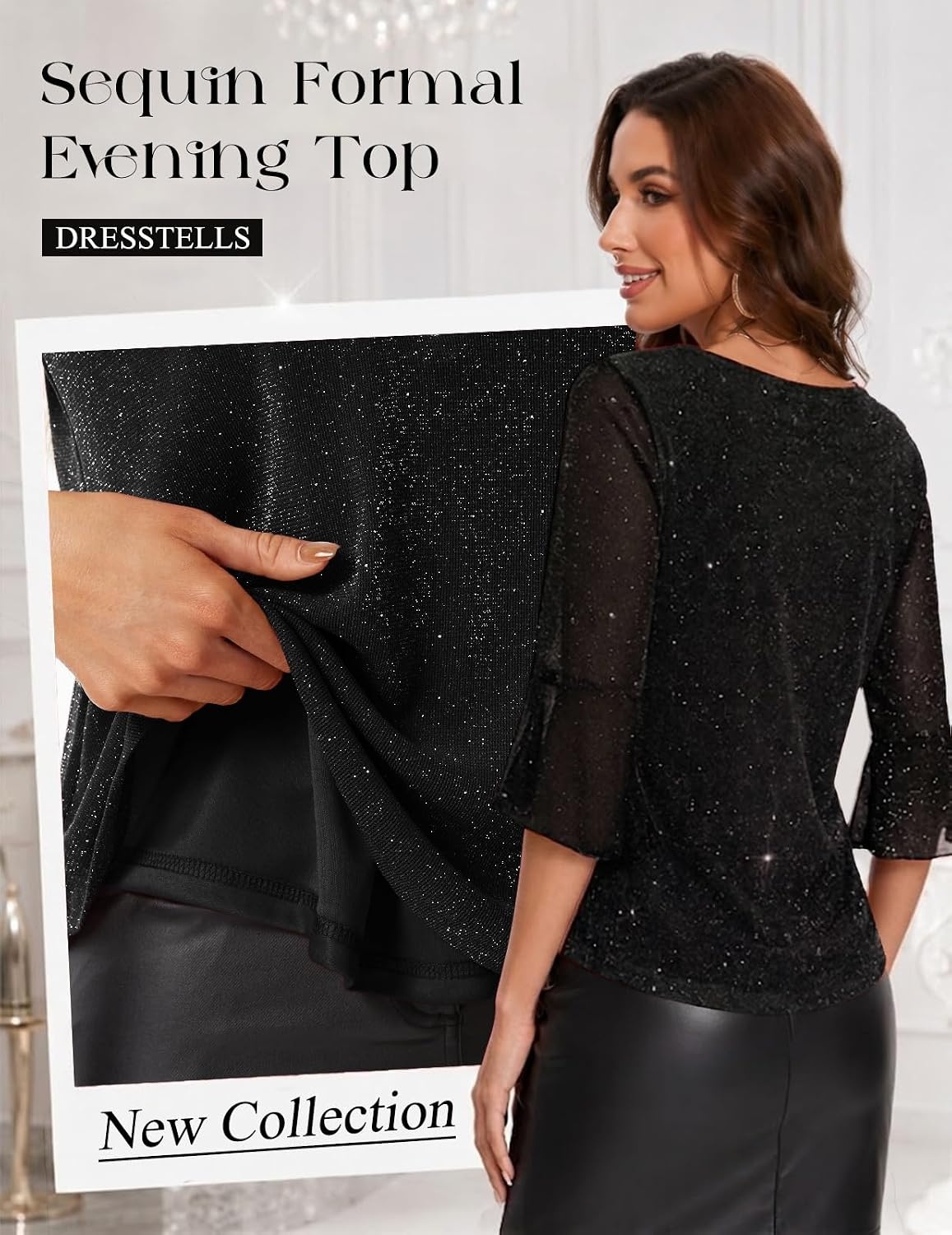 image:imageDRESSTELLS Women 34 Sleeve Sequin Tunic Top Sparkly Formal Blouses ShirtBlack