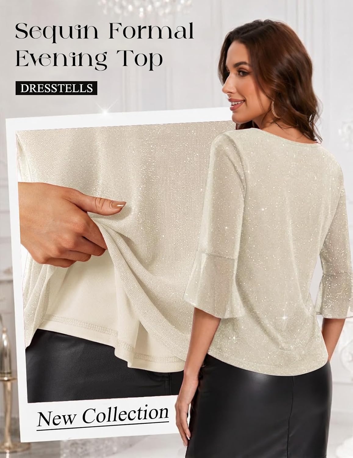 image:imageDRESSTELLS Women 34 Sleeve Sequin Tunic Top Sparkly Formal Blouses ShirtIvory