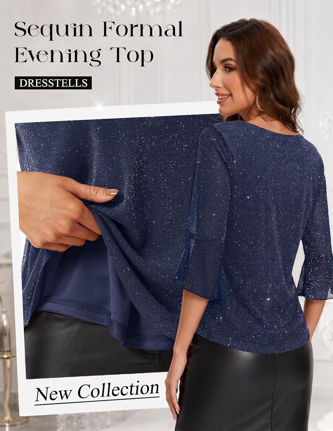 image:imageDRESSTELLS Women 34 Sleeve Sequin Tunic Top Sparkly Formal Blouses ShirtNavy