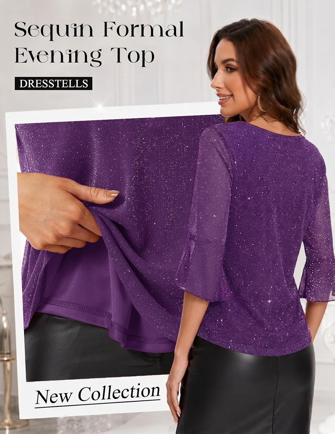 image:imageDRESSTELLS Women 34 Sleeve Sequin Tunic Top Sparkly Formal Blouses ShirtPurple