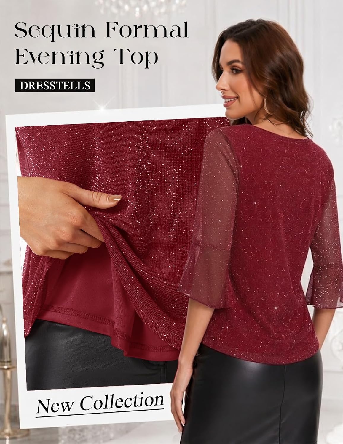image:imageDRESSTELLS Women 34 Sleeve Sequin Tunic Top Sparkly Formal Blouses ShirtWinered