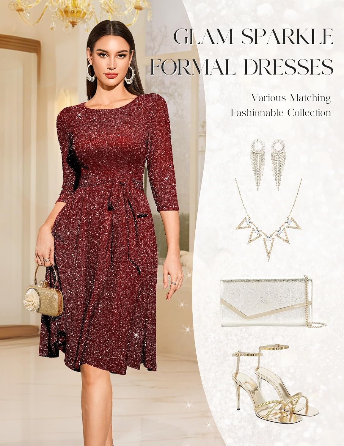 image:imageDRESSTELLS Womens Cocktail Dresses Sparkly Formal Wedding Guest EveningGlitterburgundy