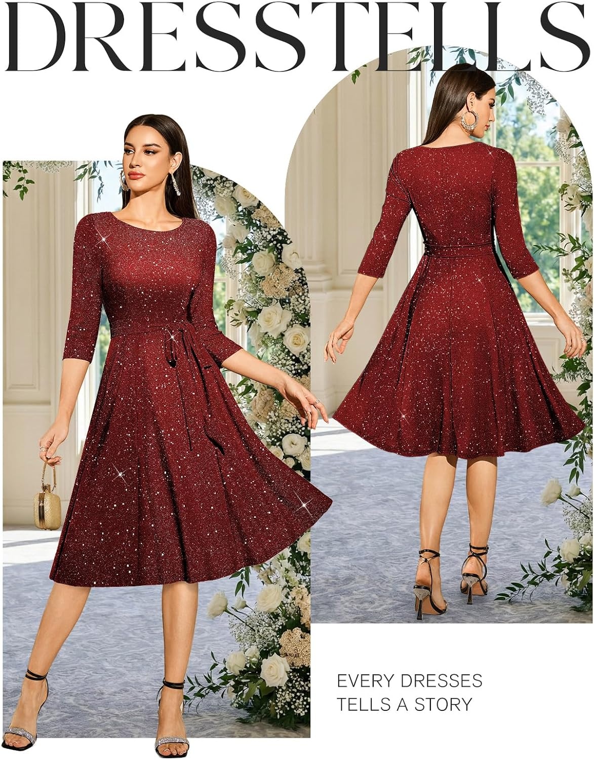 image:imageDRESSTELLS Womens Cocktail Dresses Sparkly Formal Wedding Guest EveningGlitterburgundy