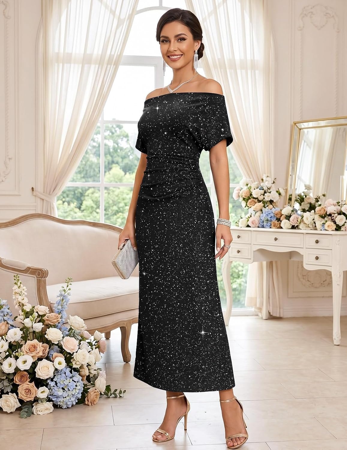 image:imageDRESSTELLS Womens Sequin Formal Wedding Guest DressesBlack