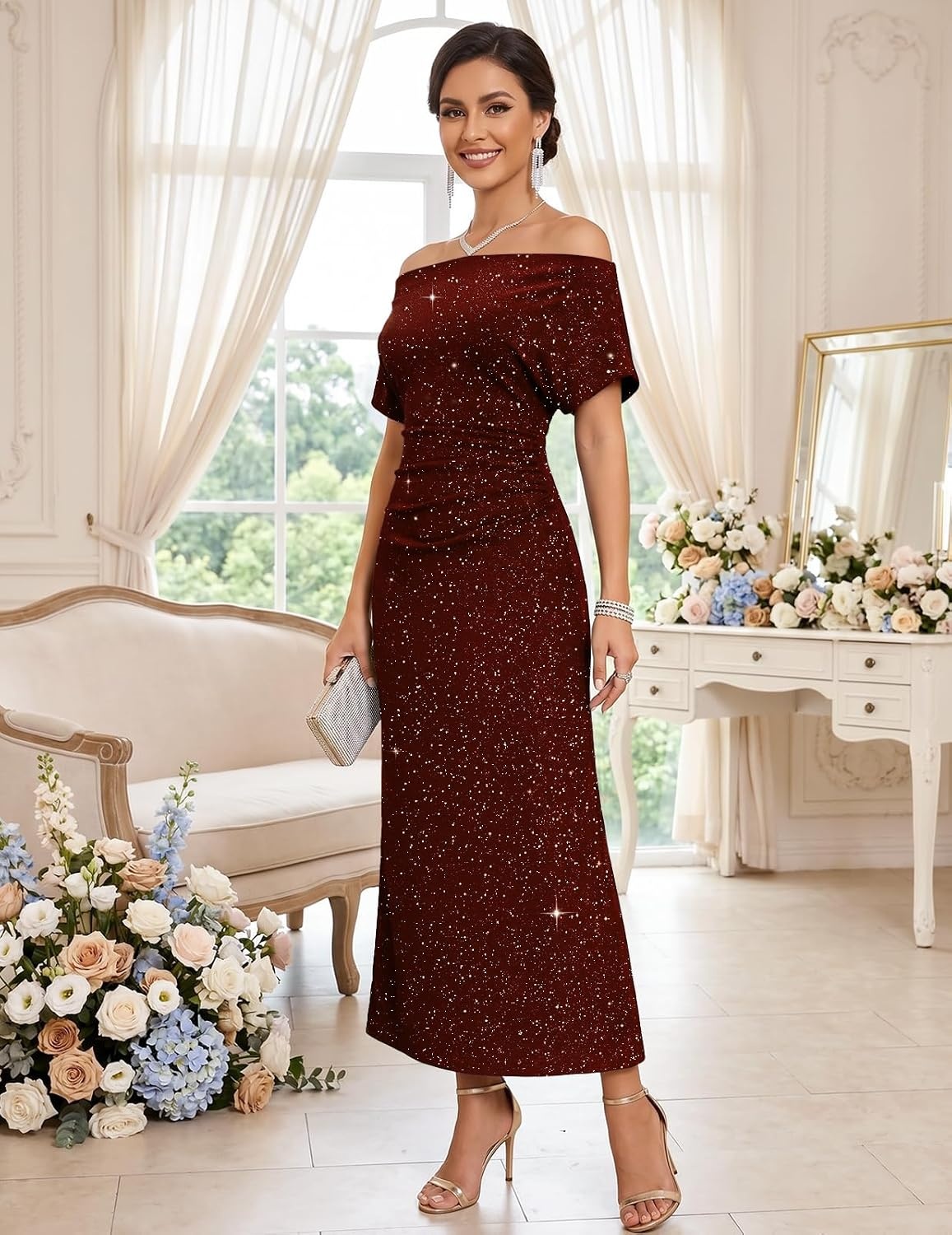 image:imageDRESSTELLS Womens Sequin Formal Wedding Guest DressesBurgundy