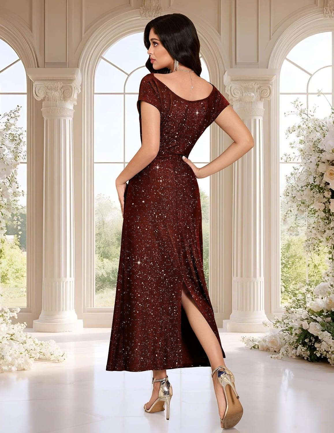 image:imageDRESSTELLS Womens Sequin Formal Wedding Guest DressesBurgundy