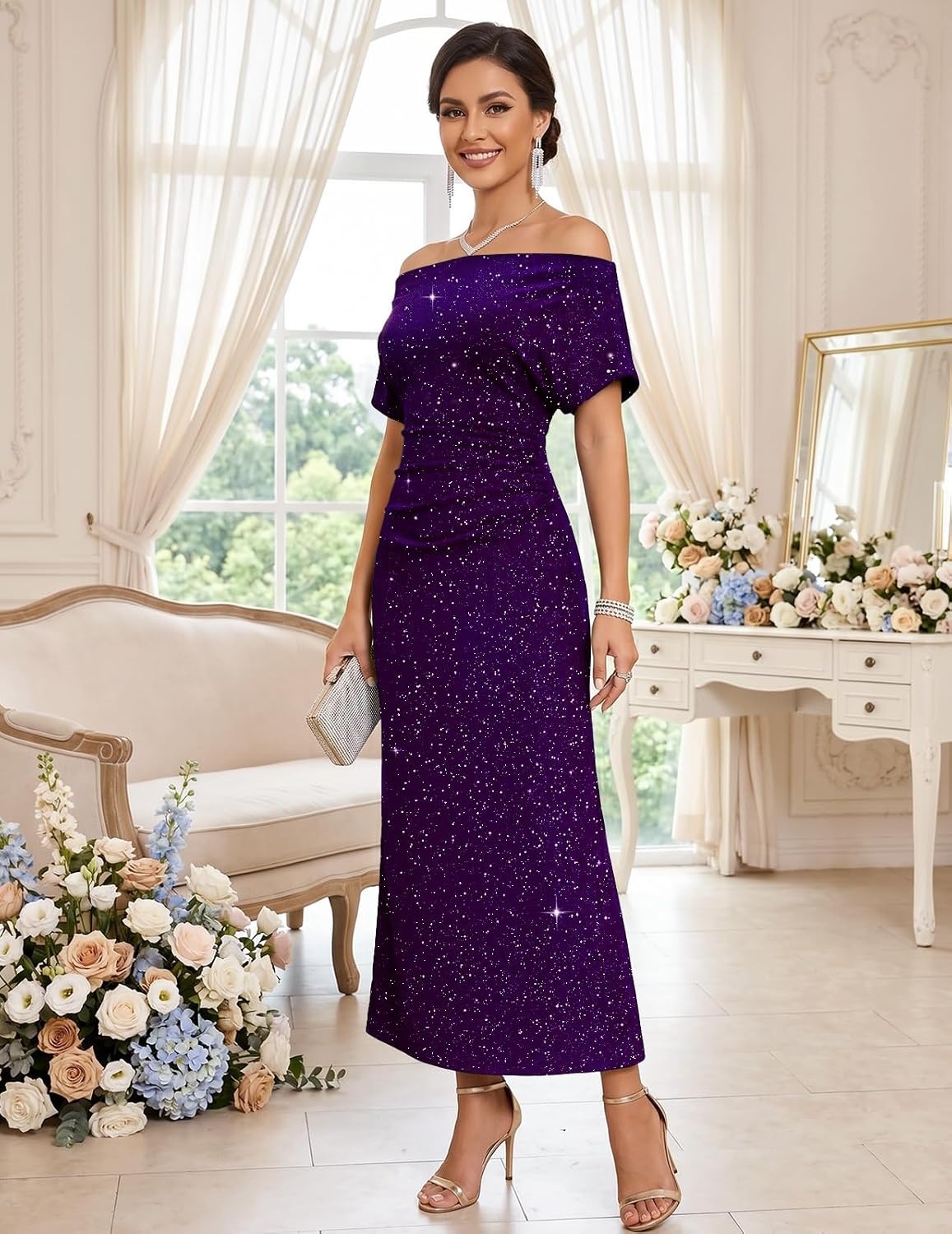 image:imageDRESSTELLS Womens Sequin Formal Wedding Guest DressesGrape