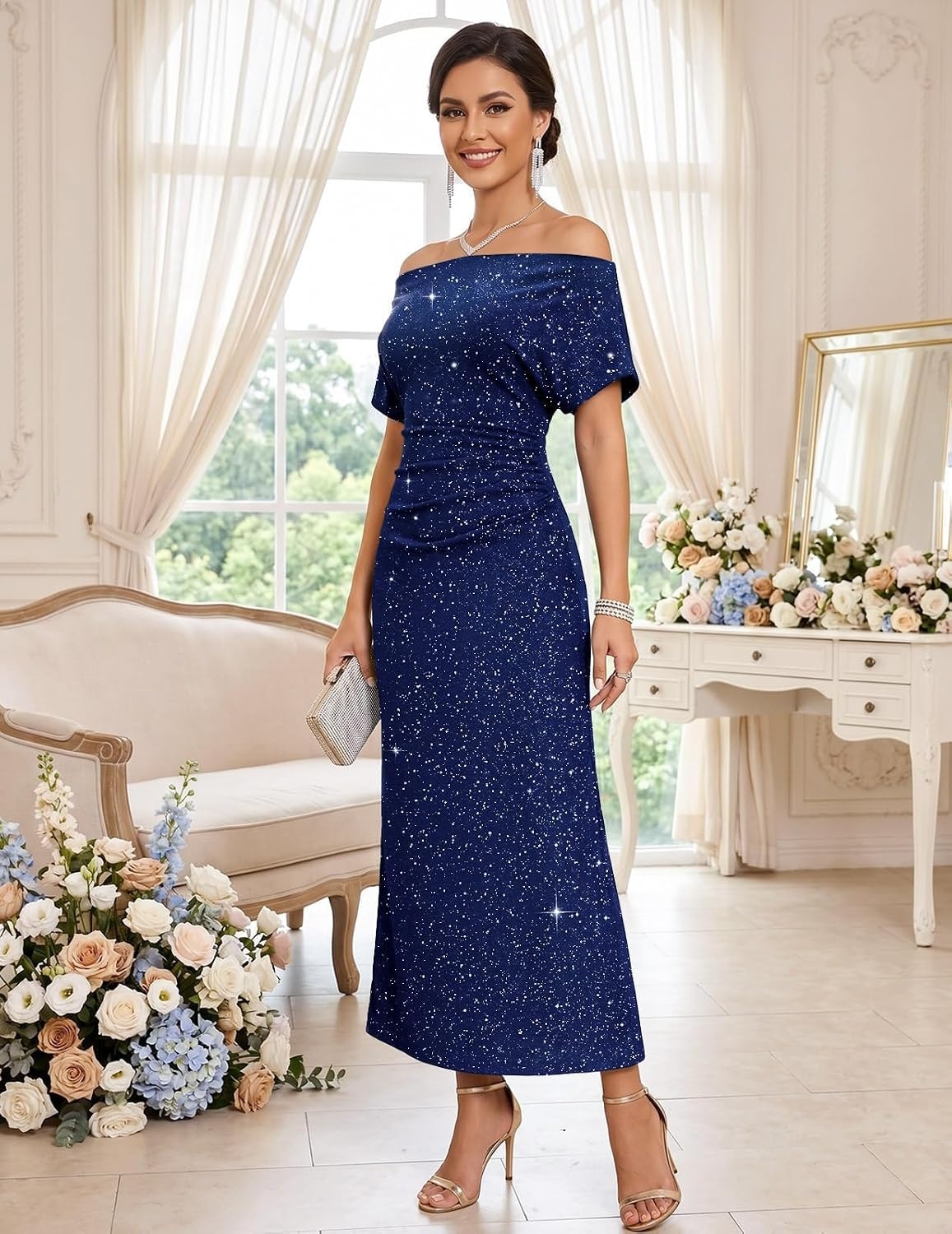 image:imageDRESSTELLS Womens Sequin Formal Wedding Guest DressesNavy