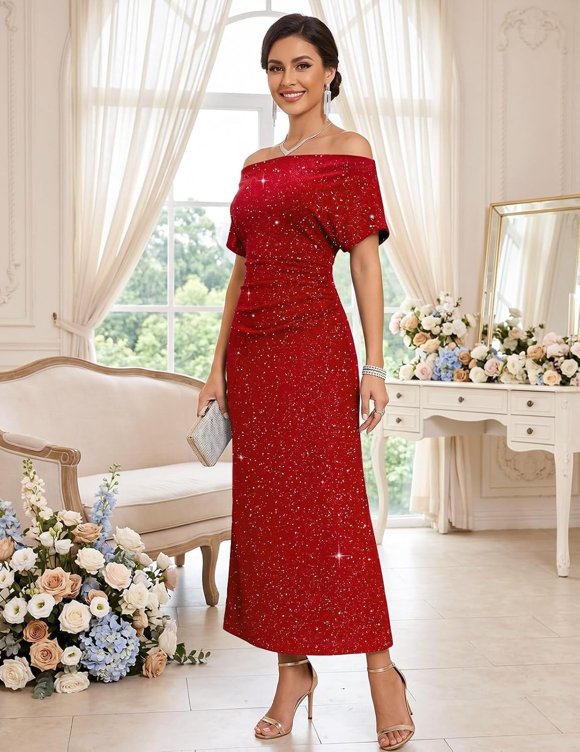 image:imageDRESSTELLS Womens Sequin Formal Wedding Guest DressesRed